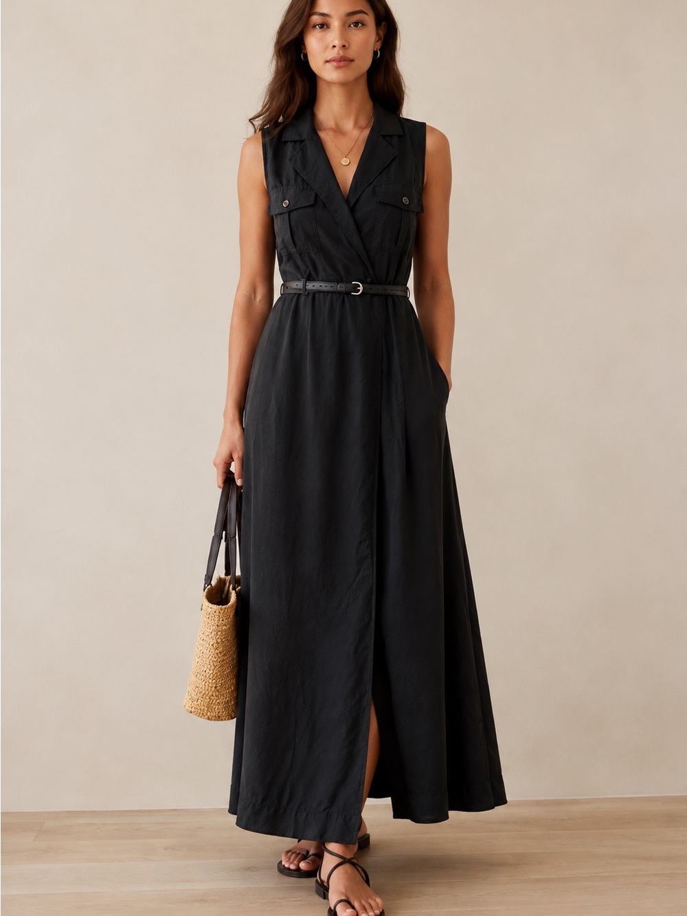 Banana Republic Women’s 6 Black Belted Utility Safari Maxi Dress Sleeveless Chic